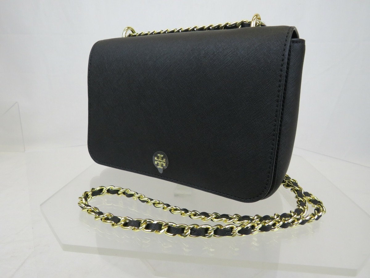 NEW TORY BURCH EMERSON BLACK SAFFIANO LEATHER GOLD CHAIN LOGO 
