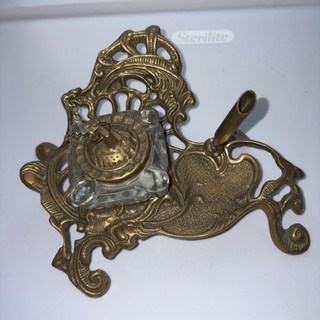 Antique Ornate Brass & Glass Inkwell Art Nouveau Style Vintage Decorative Desk
