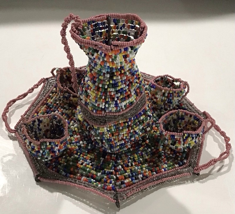Antique Vintage Victorian Beaded Miniature Pitcher Cup Tea Set Tray 