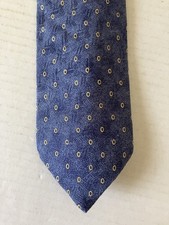 Structure Men's Necktie Tie Silk Satin Blue Yellow Circles Made in USA 57"