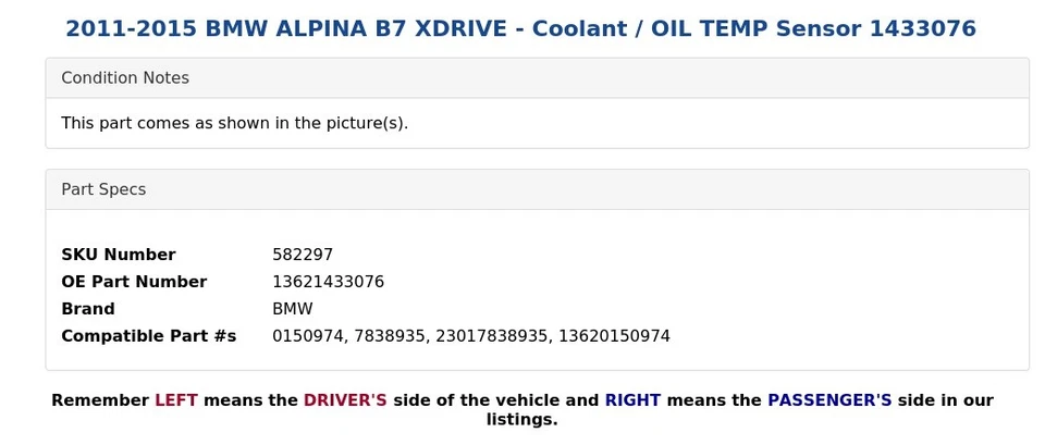 2011-2015 BMW ALPINA B7 XDRIVE - Coolant / OIL TEMP Sensor 1433076 - Image 4 of 4