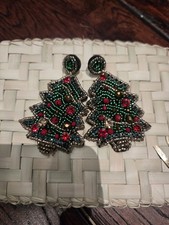 Whimsical Beaded Christmas Tree Statement Earrings Festive Holiday Drop Dangles