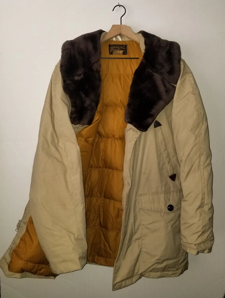 Eddie Bauer Goose Down Parka Jacket Khaki Vtg Fur Collar Hooded Puffer Coat XL - Image 4 of 4