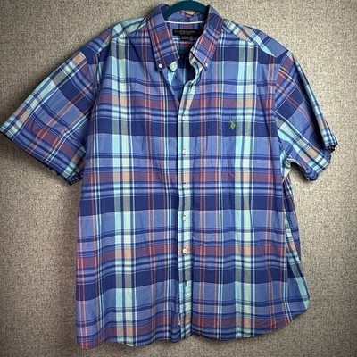 US Polo Association Button Down Short Sleeve Blue Green Purple Plaid Shirt 2XL