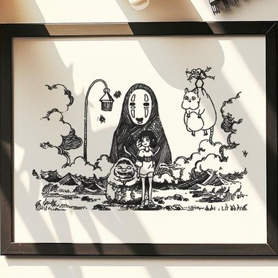 Hand Drawn (Not a Print) Spirited Away Kaonashi Framed Pen & Ink Art Drawing