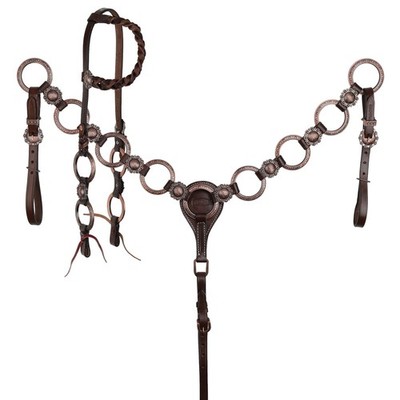 Roughrider Copper Engraved Rings One Ear Headstall & Breast Collar & Reins NEW
