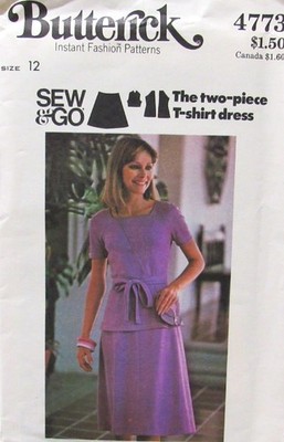 VTG 70s Butterick 4773 SEW&GO Misses 12 2pc T-SHIRT DRESS Skirt Top Knit Pattern