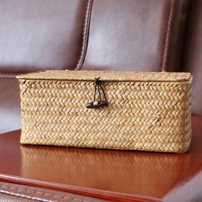 Natural Seagrass Lidded Cube Baskets Woven Bedroom Organizer Boxes Hampers M