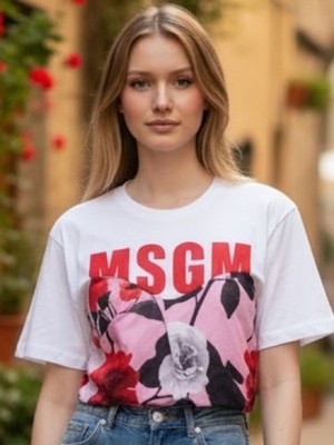 MSGM White Tee with Red Logo and Pink Floral Panel size small/medium