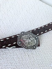 Nocona boys floral embossed leather whipped stitch belt with bull rider buckle