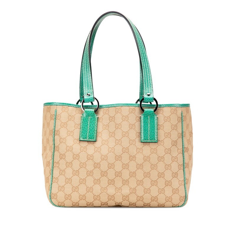 Gucci GG Canvas Tote Bag in Beige & Emerald Green for Women GUC 113019