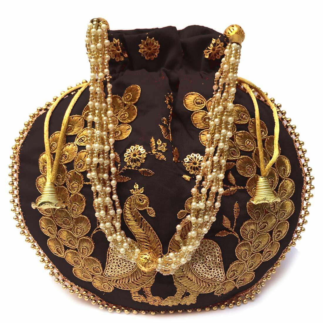 Hecho a Mano Raro Pavo Real Bordado Mujer Potli Bolsa Seda Tela para Boda Fiesta