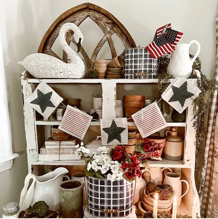 Estandarte de tela patriótica de inspiración vintage - Guirnalda de estrellas y rayas americanas - 4 pies Foto 2 de 3