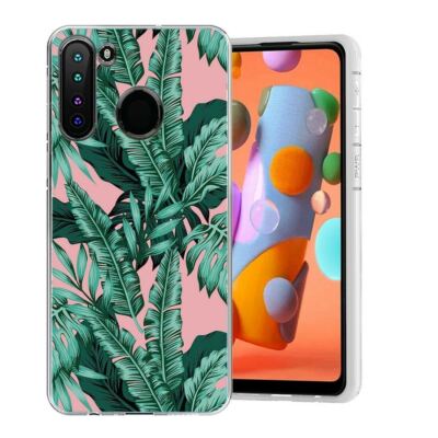 for Samsung Galaxy A21(Leafs/Pink Pattern)clear ShockProof Rugged