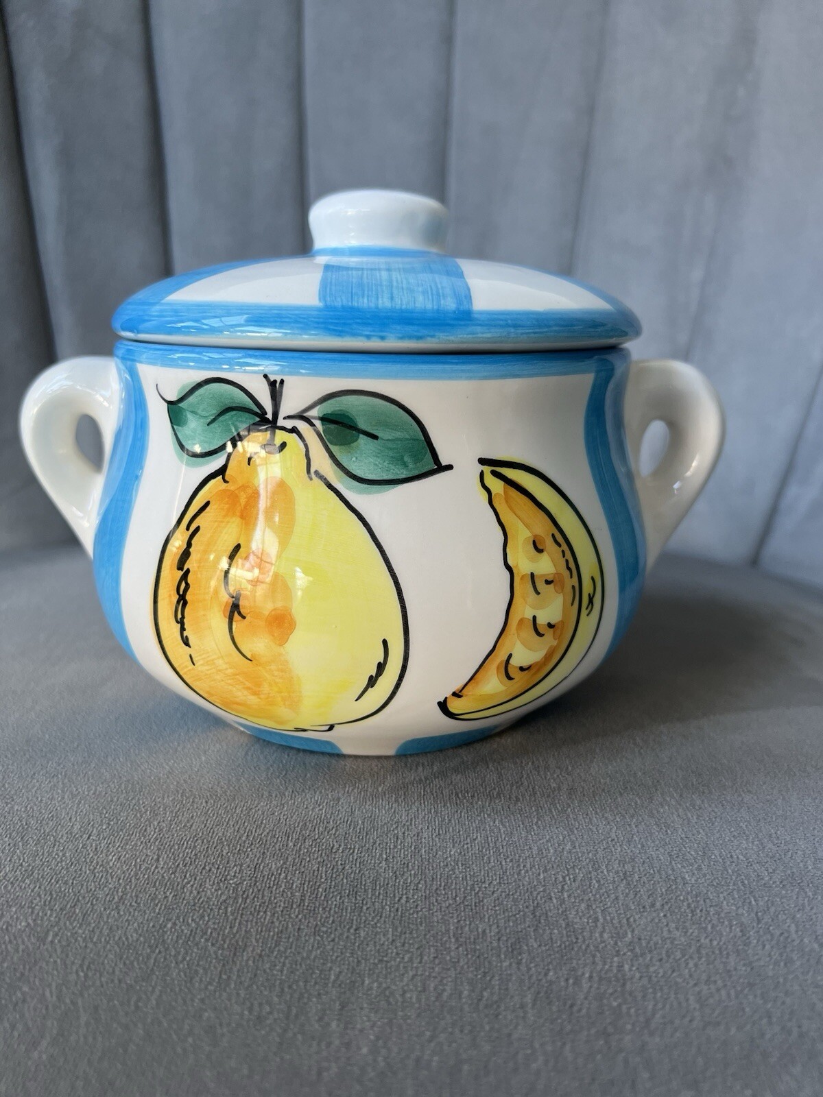 VTG Bosch Stamped Lemon Blue Striped Cookie Biscotti Jar Hand Painted In Spain
