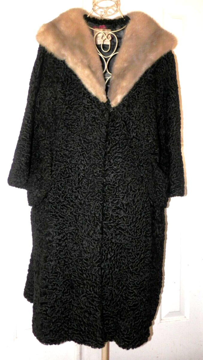 FREDERICK MAUN PERSIAN LAMB KARAKUL Fur Coat Mink Collar Women's