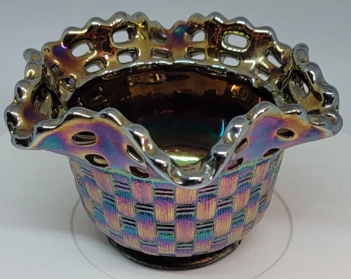 Vintage Fenton Amethyst Carnival Glass Basketweave Open Edge Ruffled Bowl Dish