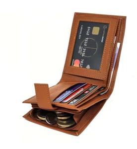 RFID BLOCKING Mens Real Tan Leather Wallet With Zip Coin Pocket & ID Window 44