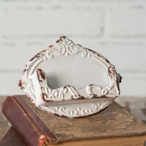 Shabby White Metal Business Card Holder with Easel Distressed Antique Style - Afbeelding 1 van 8
