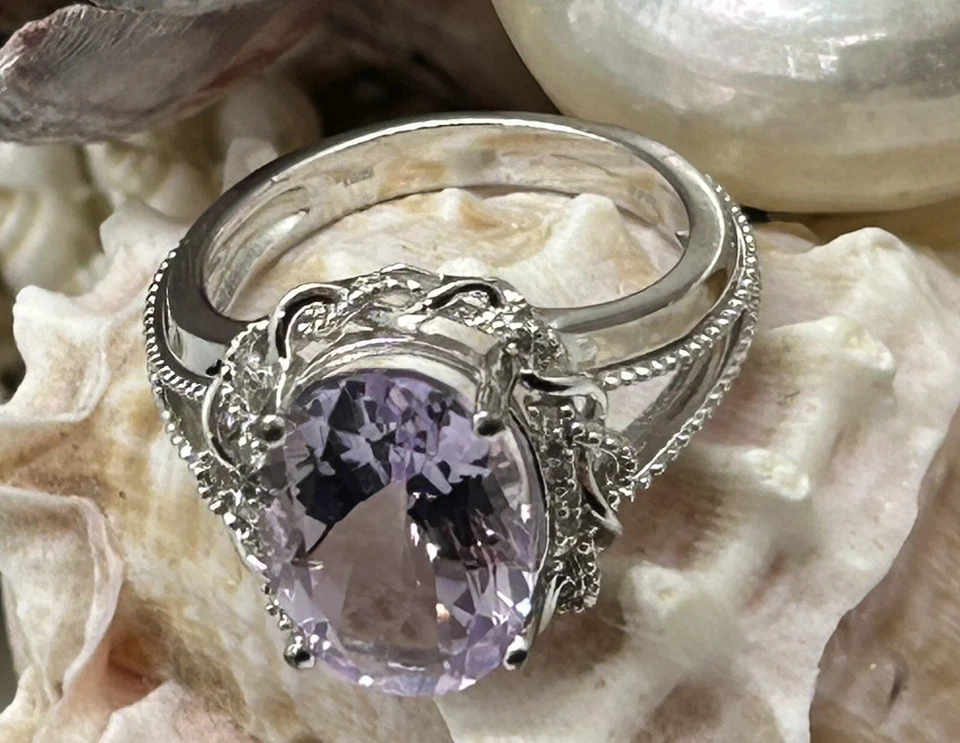 Precioso Anillo Rosa De Francia Amatista y Topacio Blanco Plata de Ley 925 Talla 8 Foto 4 de 4