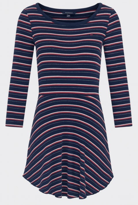 Tommy Hilfiger Womens XL Ribbed Knit Stripe Dress Navy Red White Long Sleeve