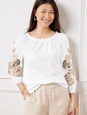 Sz M Talbot Blouson 3/4 Sleeve Top Boho Peasant Embroidered Feminine White & Tan