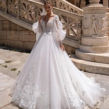 Elegant Lace Applique Puffy Long Sleeves Wedding Dresses A Line V Neck Beading