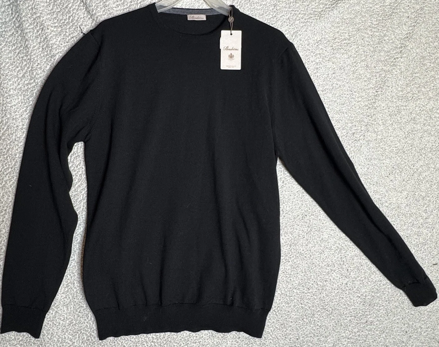 STENSTROMS Thin Knit Crew Neck Sweater Black Merino Wool Men's Med Elbow Patch