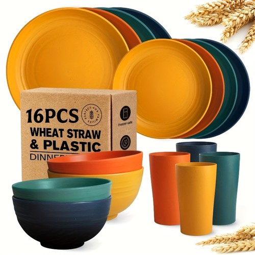 32/16pcs Dinnerware Sets Made from Wheat Straw,  Plates And Bowls for 8 People