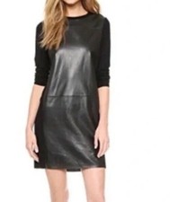 VINCE Black Lamb Leather Paneled Long Sleeve Wool Shift Little Black Dress Sz M