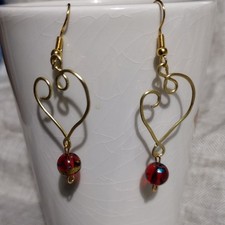 EARRINGS GOLD CRAFTWIRE SPIRAL DESIGN WITH RED BEAD HANDMADE