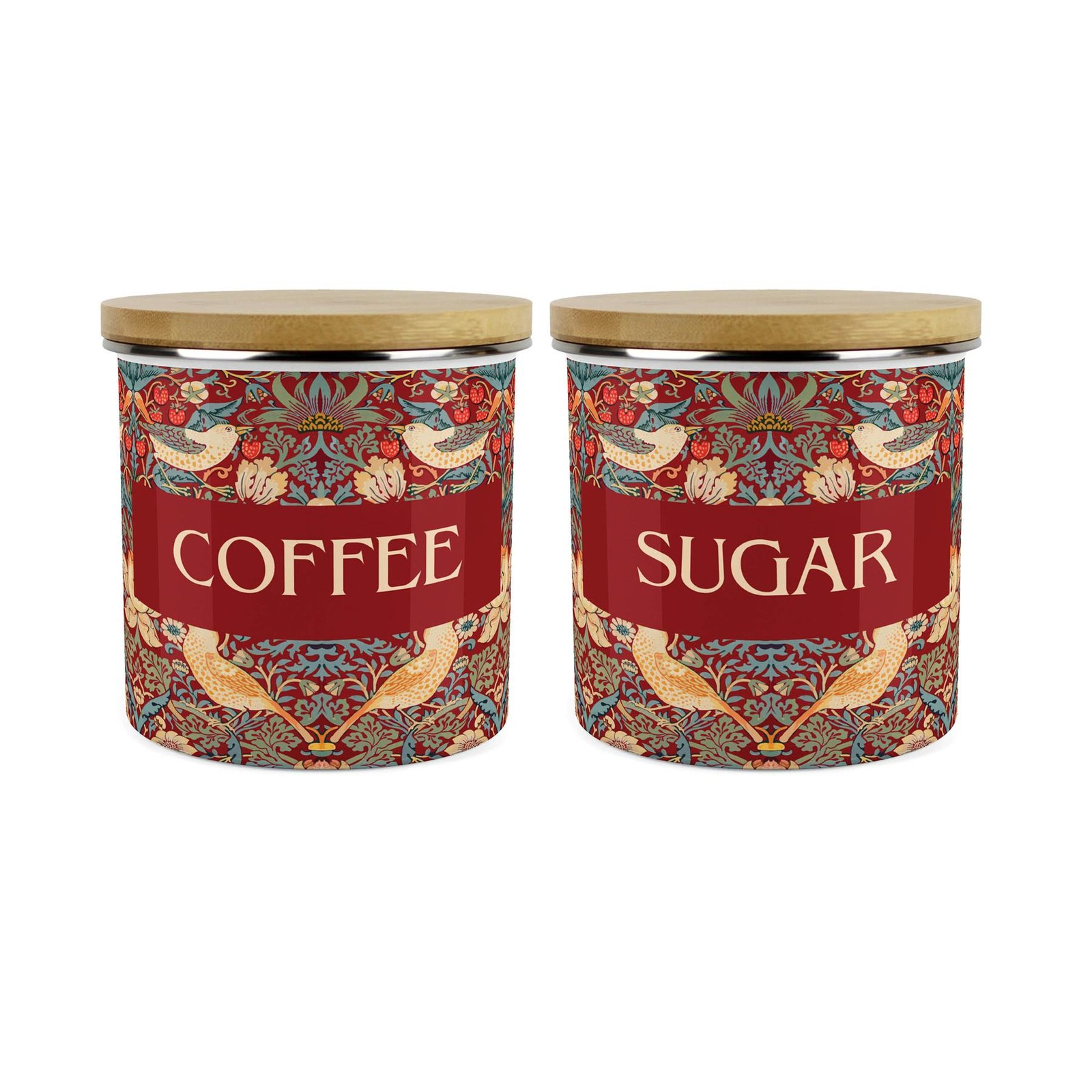 Red Strawberry Thief Coffee & Sugar Storage Canisters Set - Homewares Gifts