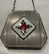 Vintage Silver Makeup Compact on Wrist Chain - Floral