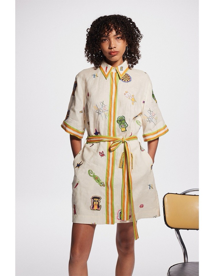 Alemais Checkers Embroidered Mini Dress Size 6 Linen