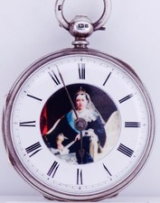 Antique Victorian Silver Pocket Watch Queen Victoria Portrait Enamel Dial c1883