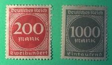 German Inflation Stamps 1923 200 Mark 1000 Mark Wmrk Very Light Hinge