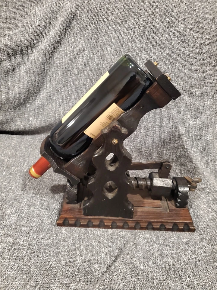 Vintage Wood Bottle Decanting Cradle Mechanical Primitive Wine Pourer Hand Crank - Image 2 of 4