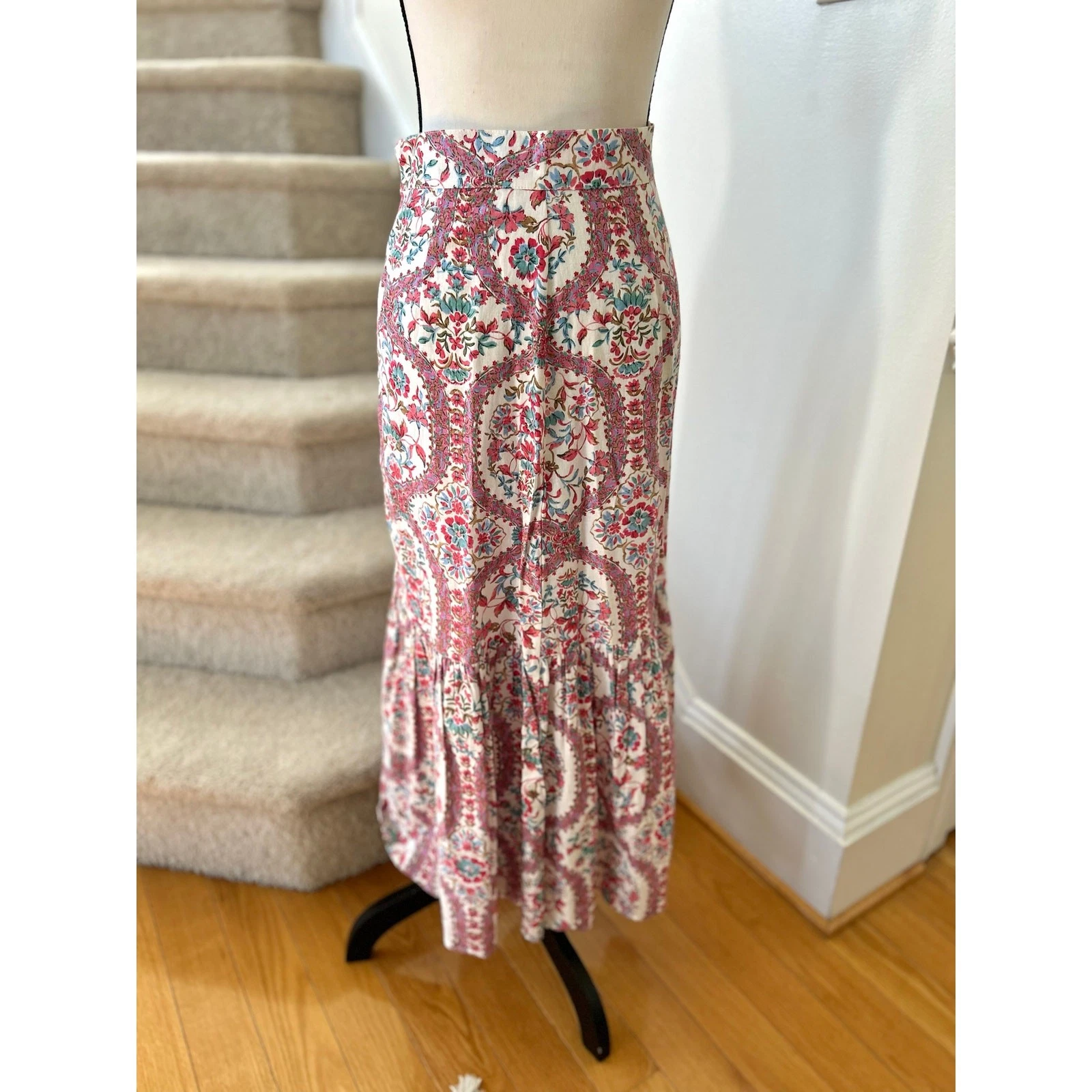 DRA Anthropologie Cotton Flax Linen White Pink Floral Block Print Midi Skirt