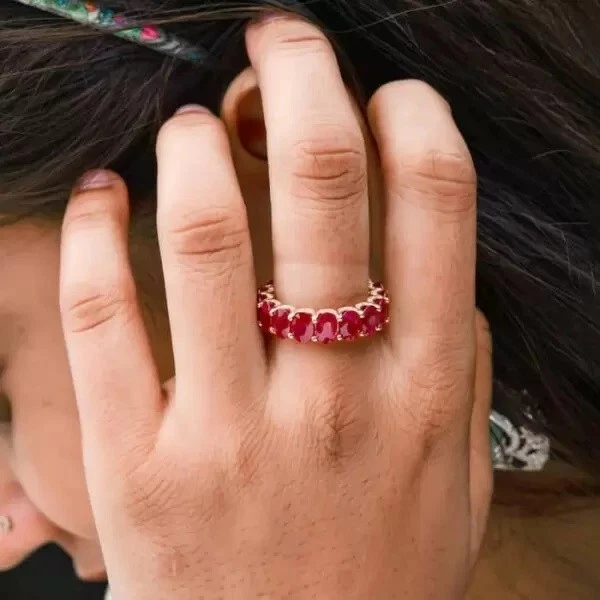 11 Ct Oval Cut Created Ruby & Diamond 14K Rose Gold Plated Classic Eternity Ring - Image 3 of 4