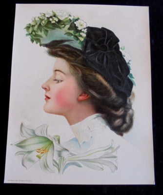 Victorian Lady, Hat, White lily, Sample 12.75''x10'' Print 1906