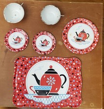 Vintage Tin Litho Dishes Ohio Art Co.Red Blue Teapot  Cup 1950s Era Toys 6 pcs