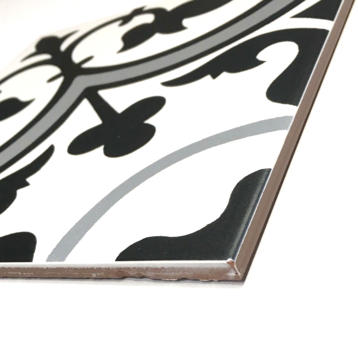 8x8 Flora Gray Black White Encaustic Design Satin Glaze Ceramic (8