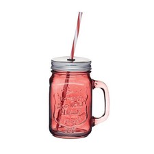 KitchenCraft Coloured Glass Drinks Mason Jar with Straw - Red