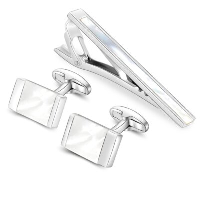 Exquisite Mother of Pearl Cufflinks and Tie Clip Set for Men with Gift Box