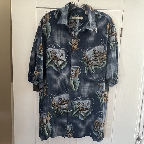 Batik Bay Aloha Hawaiian Shirt Large Blue Tiki Hut Palm Trees Leaves
