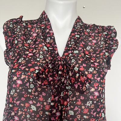 Eyelash Couture Tiny Flowers Print Purple Pink  Tie Neck Sleeveless Blouse Small