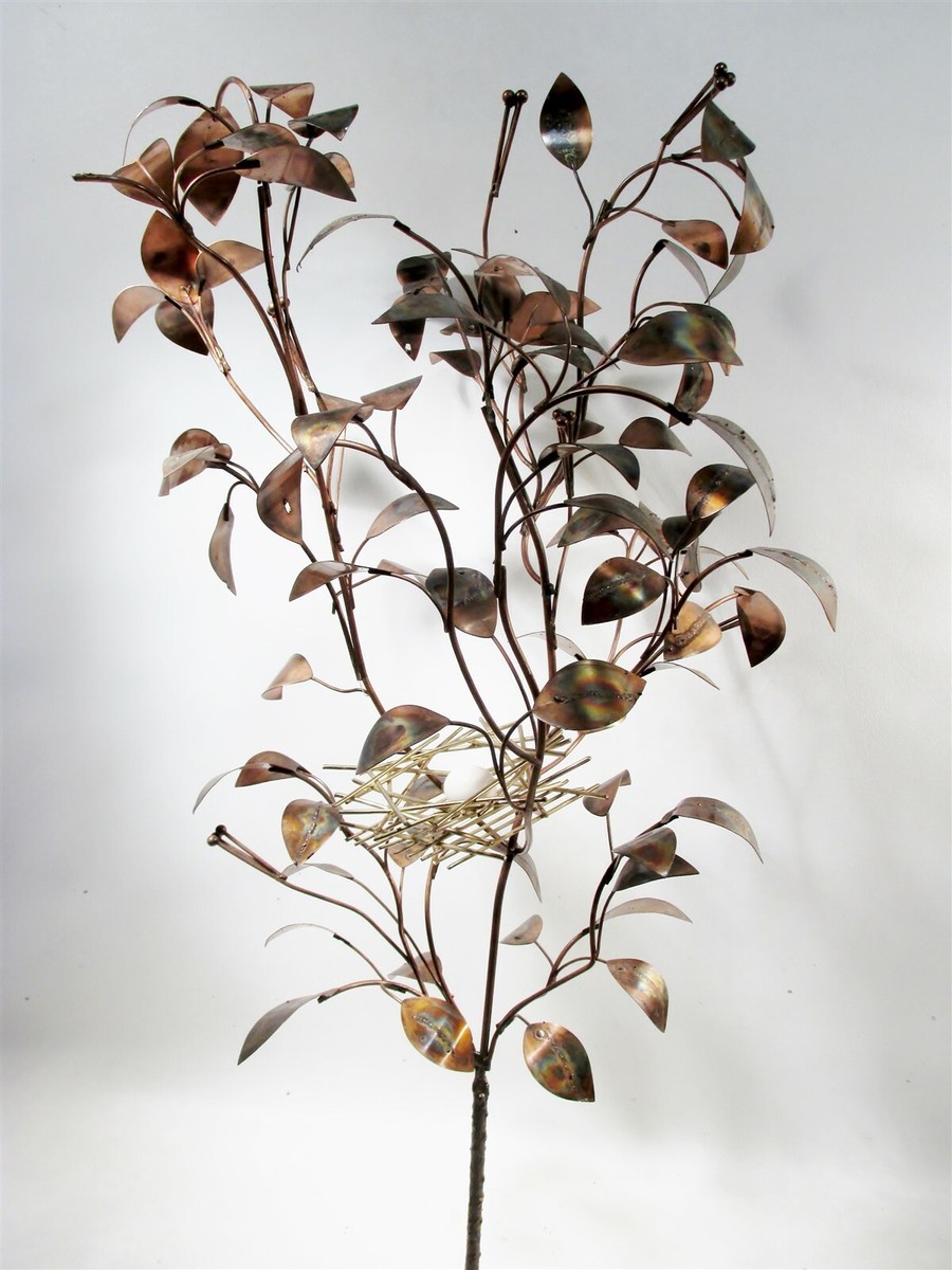 Midcentury Curtis C. Jere 34” tall Tree with Bird Nest Metal