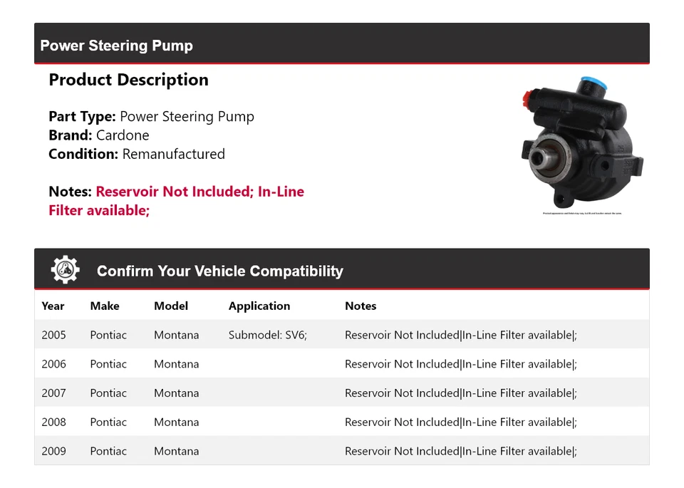 Bomba de dirección asistida Cardone para Pontiac Montana 2005-2009 2006 2007 2008 Foto 2 de 4