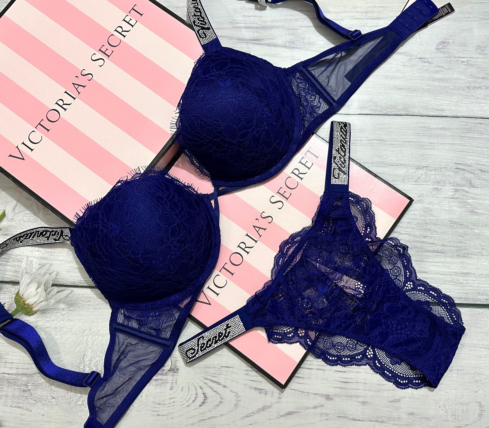 Victoria's Secret Shine Strap Bombshell Push Up Bra Brazillian Set Night Ocean