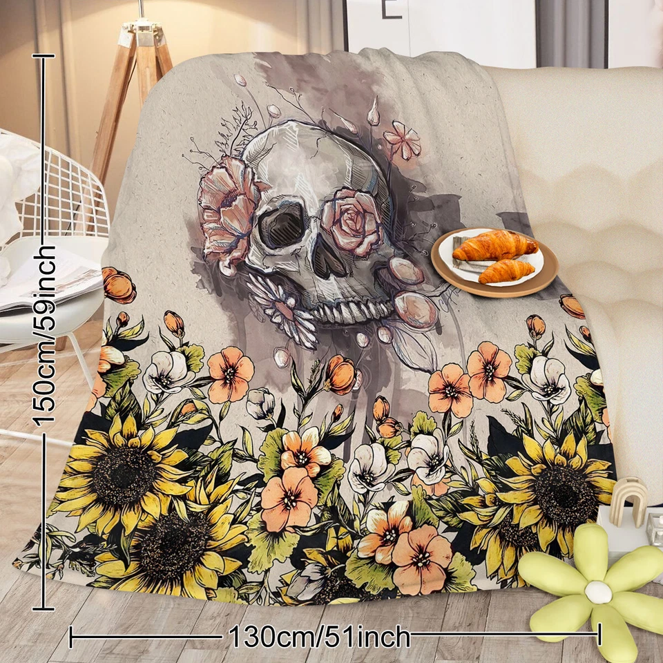 Warm Fleece Throw Blanket Rustic Skull Sunflower Sherpa Blanket for Sofa Gift - Image 4 of 4